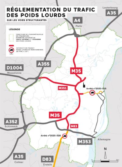 Carte présentant la réglementation du trafic poids lourds