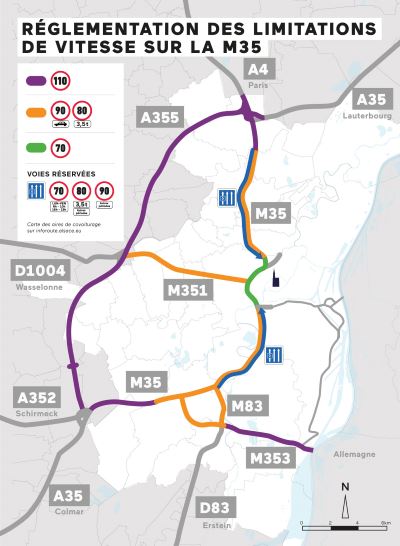 Carte présentant la réglementation des limitations de vitesse sur la M35